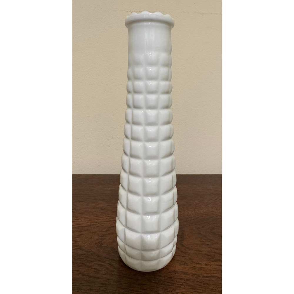 Vintage EO Brody Milk Glass Bud Vase Waffle Block Quilted Pattern Scalloped MCM